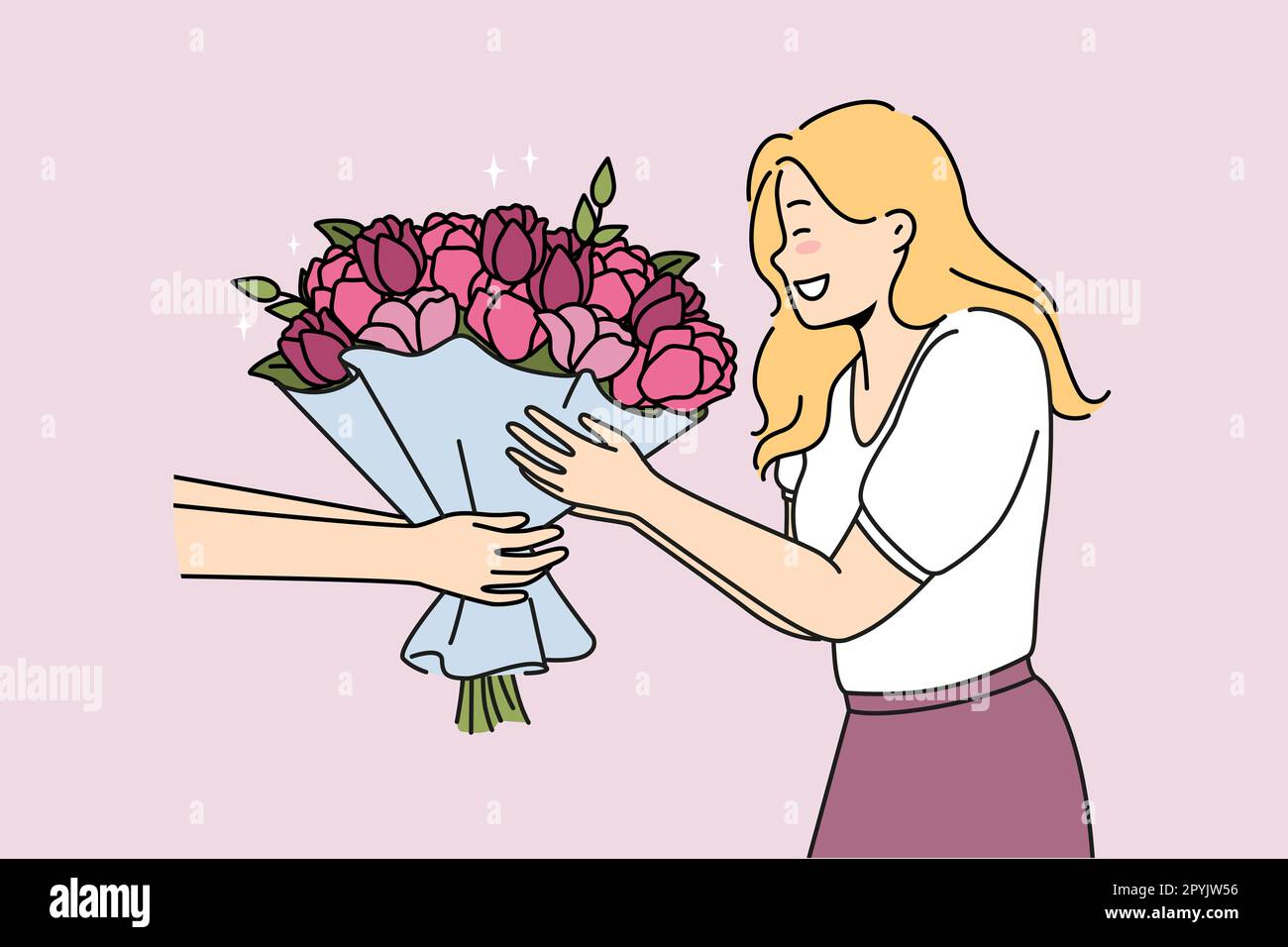 Excited woman get flowers from courier or deliveryman. Smiling girl receive floral bouquet for birthday pr anniversary. Vector illustration. Stock Photo