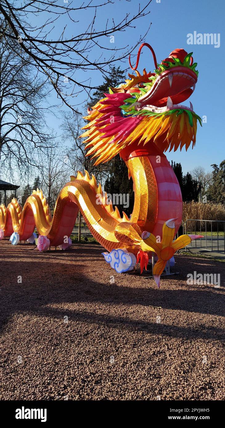 Chinese New Year. Bright red-orange dragon in the park. Traditional Chinese holiday decoration. The dragon's mouth is open. Long curly tail. Lunar-solar calendar. Spring Festival Stock Photo