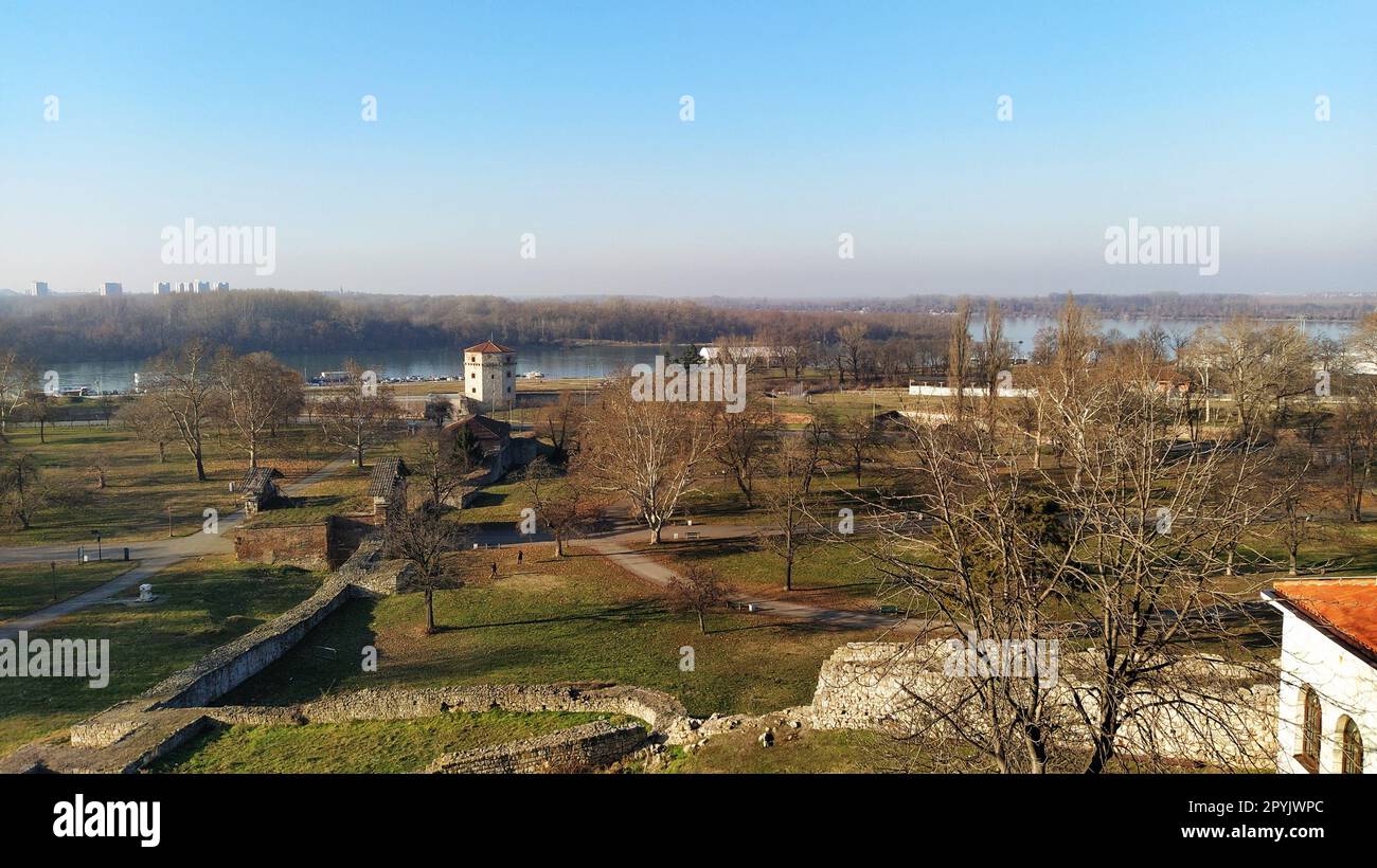 Belgrade, Serbia, January 24, 2020. Landscape or view from Kalemegdan to the confluence of two rivers - Sava and Danube. January. Stock Photo