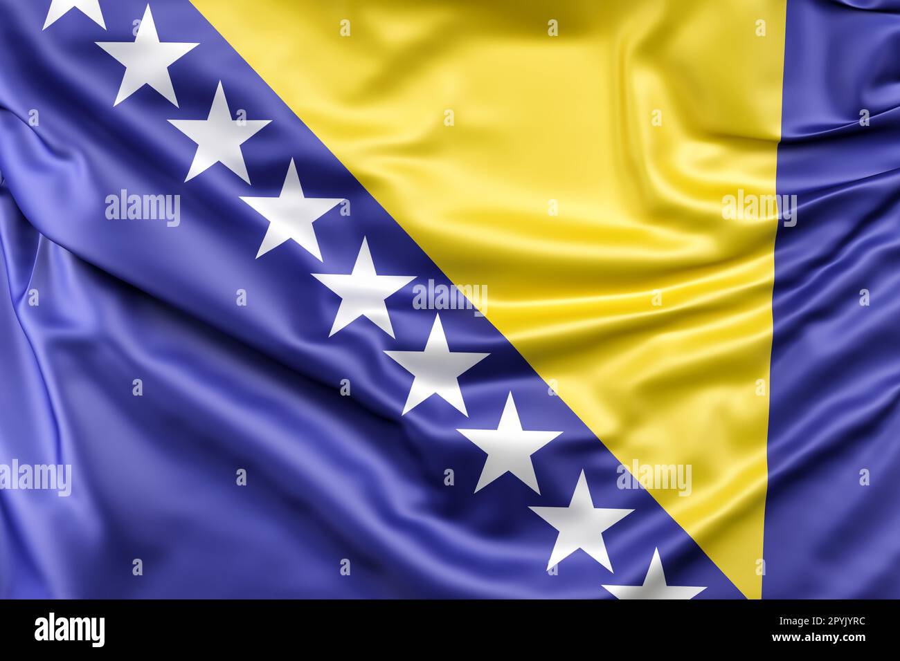 Ruffled Flag of Bosnia and Herzegovina. 3D Rendering Stock Photo