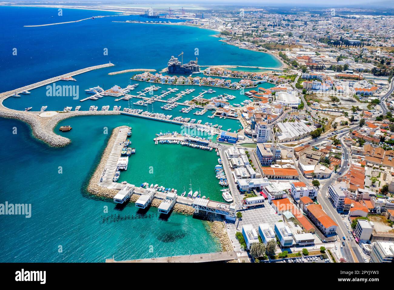 Aerial Drone Shot of Limassol Marina and Old Town. Limassol, Cyprus Stock Photo