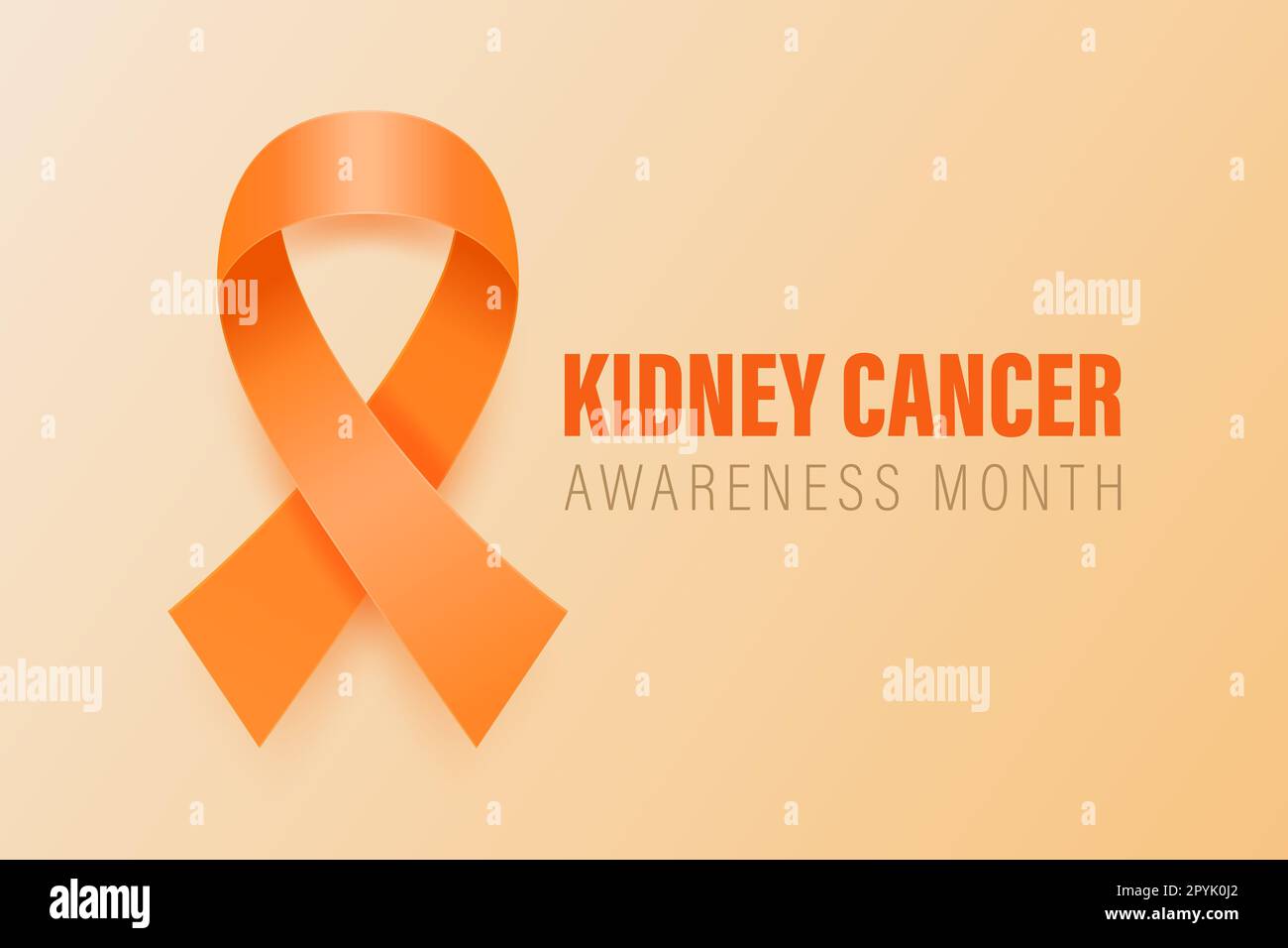 Kidney Cancer Banner, Card, Placard with Vector 3d Realistic Orange Ribbon on Orange Background. Kidney Cancer Awareness Month Symbol Closeup. World K Stock Photo