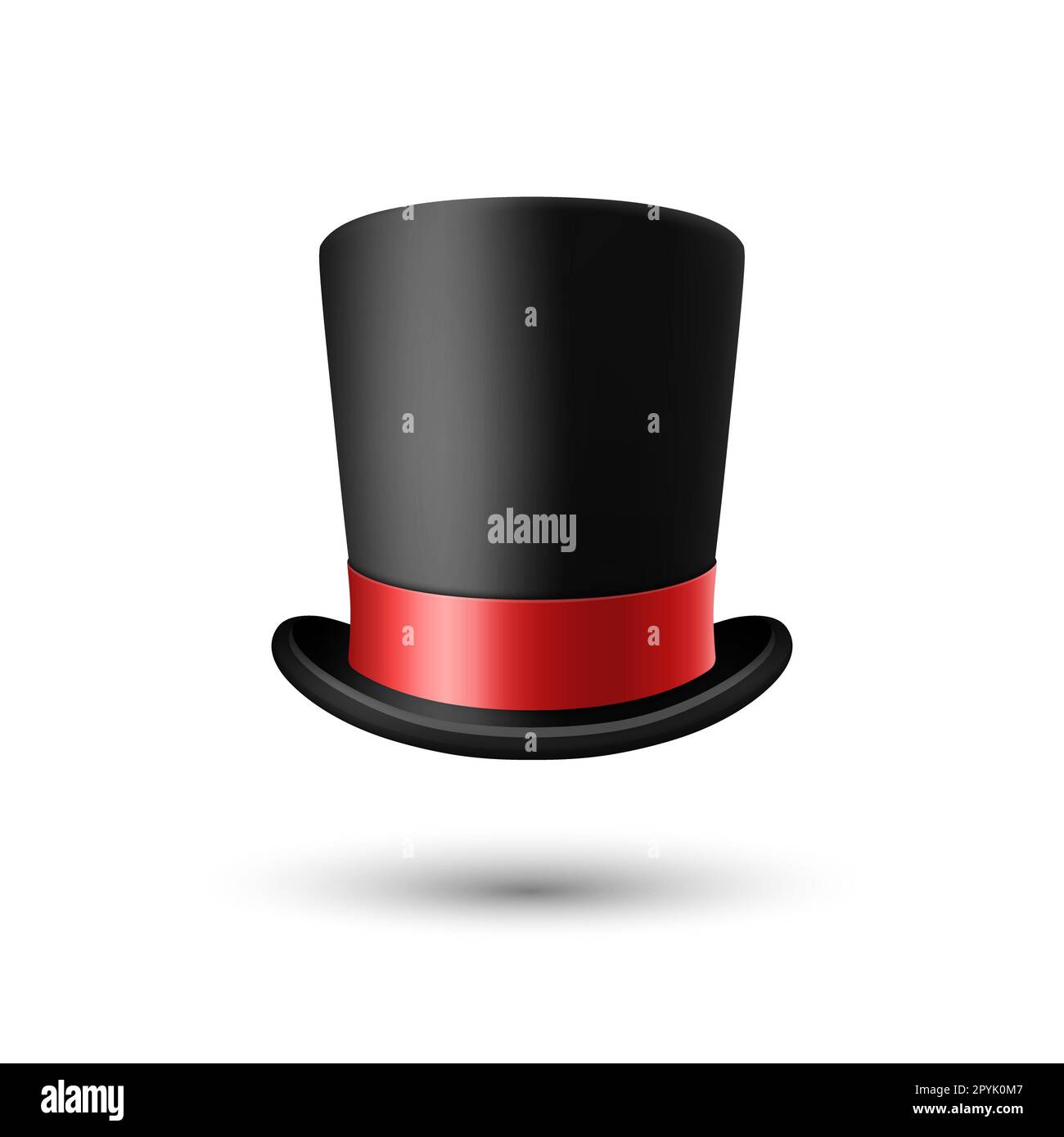 Vector 3d Realistic Black Top Hat with Red Ribbon Closeup Isolated on White Background. Classic Retro Vintage Top Hat, Vintage Gentlemans Mens Hat, Fr Stock Photo