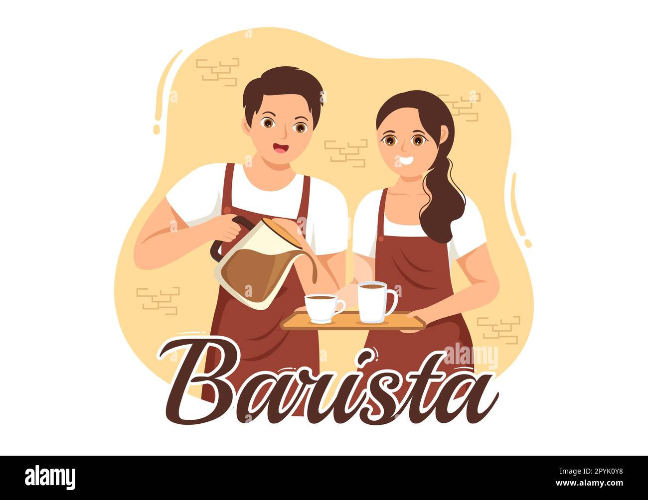 Barista Illustration With Wearing Standing Apron Making Coffee for Customer in Flat Cartoon Hand Drawn Landing Page or Web Banner Template Stock Photo