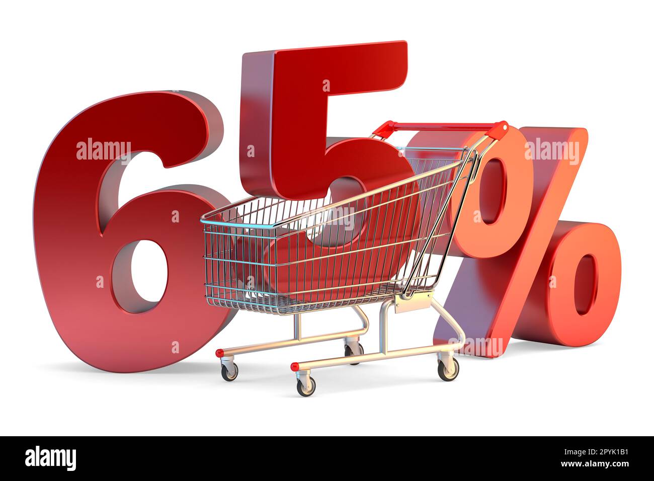 Shopping cart with 65 percent discount sign. 3D illustration. Isolated Stock Photo