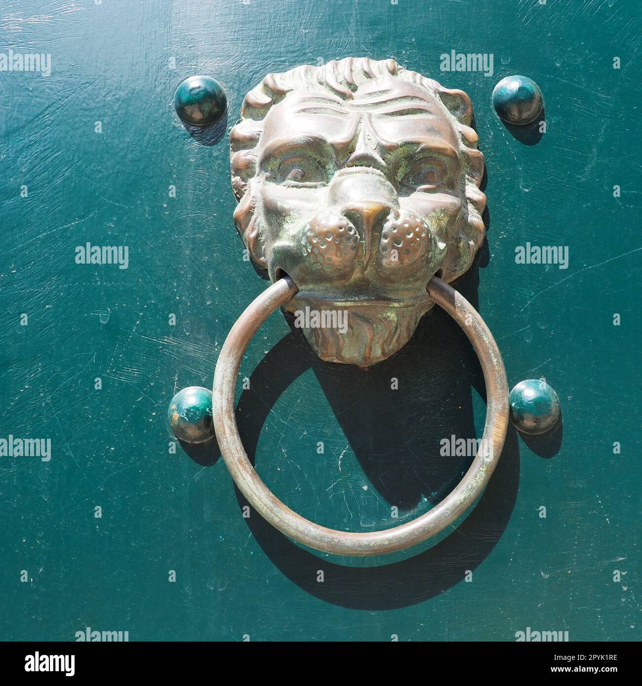 A door knocker is a fixture on the front door of a house. It is made of metal and has the form of a ring, which is knocked on the metal part of the door knocker fixed to the wall. Muzzle of a lion. Stock Photo