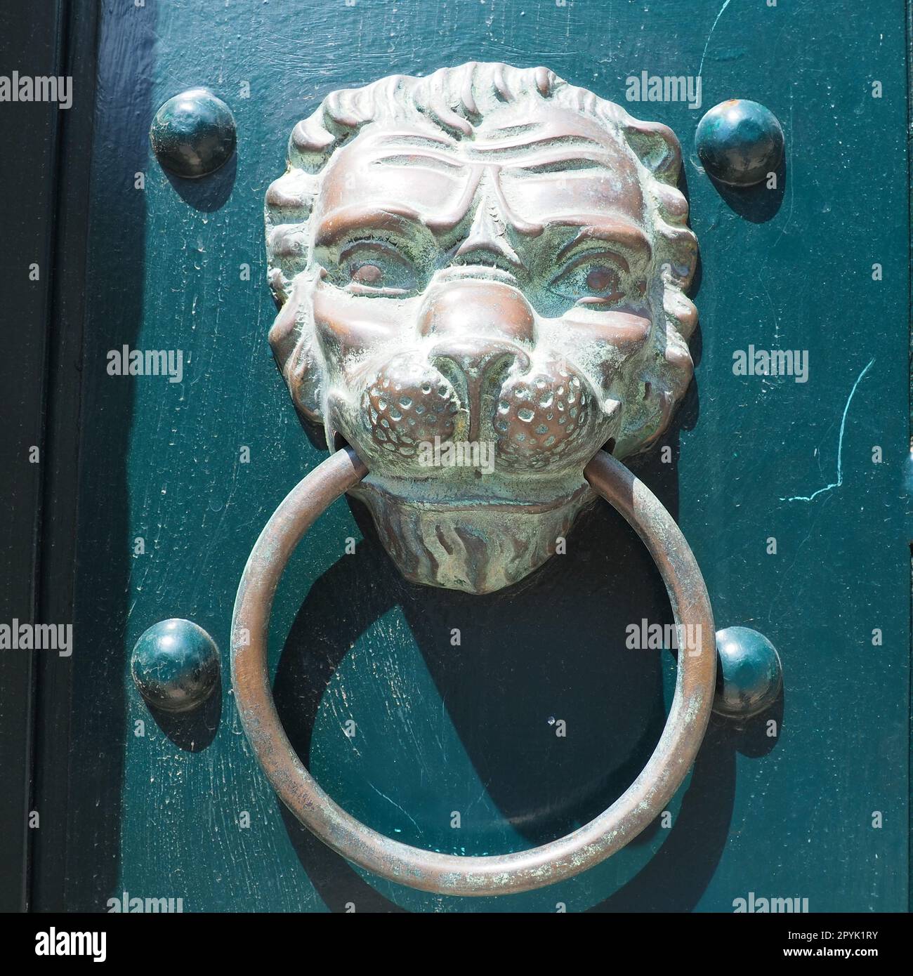 A door knocker is a fixture on the front door of a house. It is made of metal and has the form of a ring, which is knocked on the metal part of the door knocker fixed to the wall. Muzzle of a lion. Stock Photo