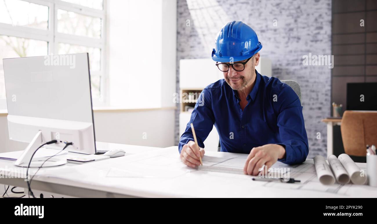 Architect Engineer Drawing Architectural Construction Plan Stock Photo ...