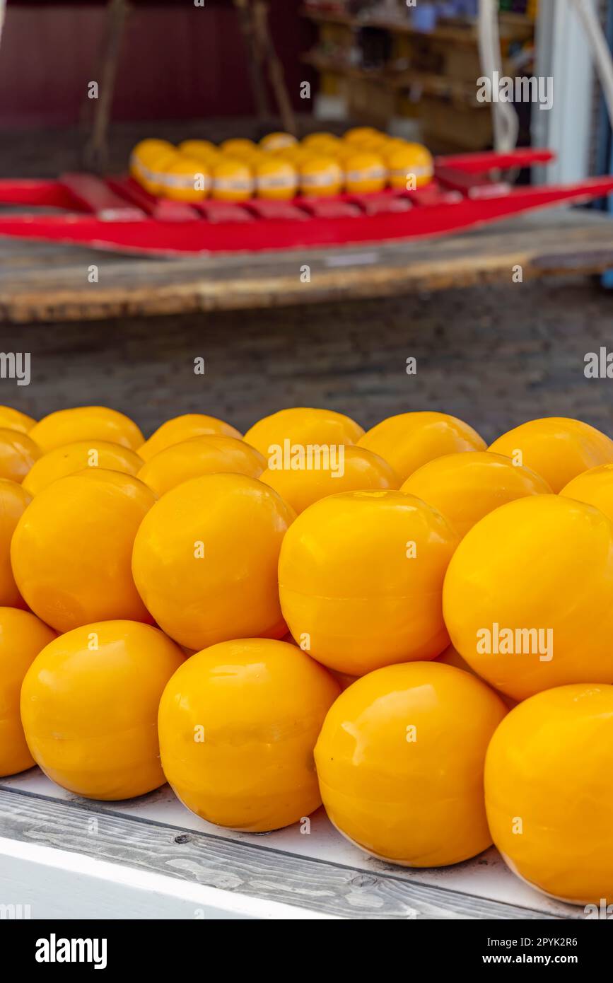 Detail of edam cheeses, town cheese market, Edam, North Holland, Netherlands Stock Photo