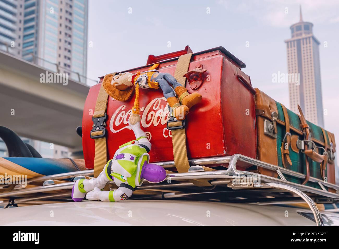 17 January 2023, Dubai, UAE Toy story figures on a car luggage on the