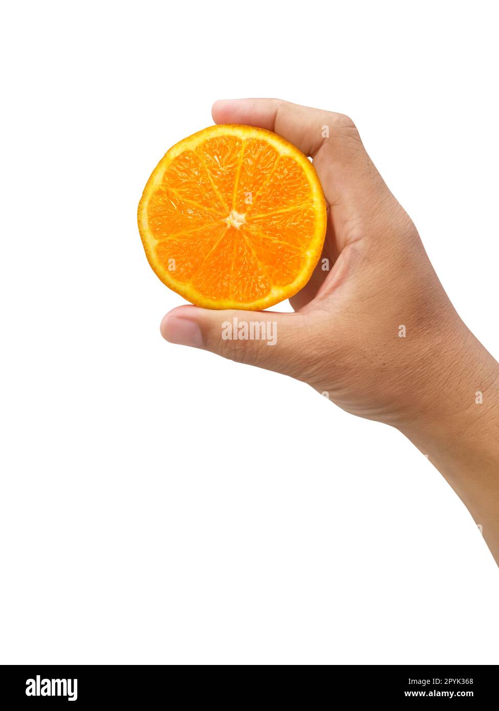 hand holding slice of orange isolated on white background Stock Photo ...