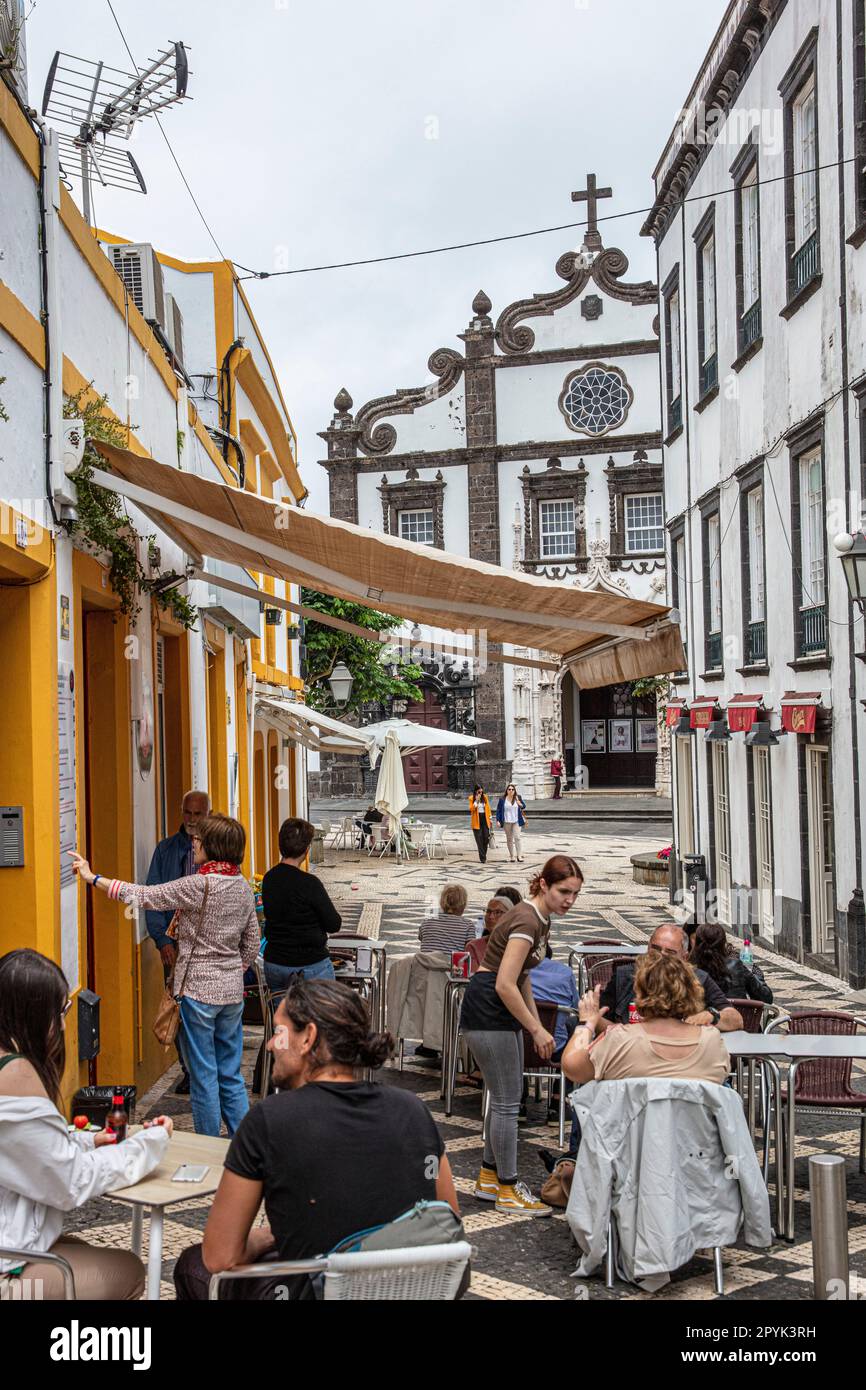 Portugal, Azores, Sao Miguel Island, Ponta Delgada. Outdoor restaurant. Stock Photo