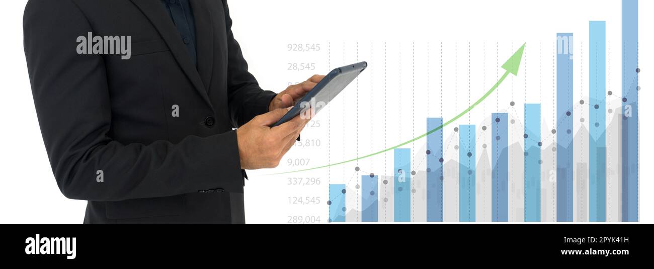 2023 business finance technology and investment concept. Stock Market Investments Funds and Digital Assets. Businessman in black suit analyzing forex trading graph financial data on tablet computer. Stock Photo