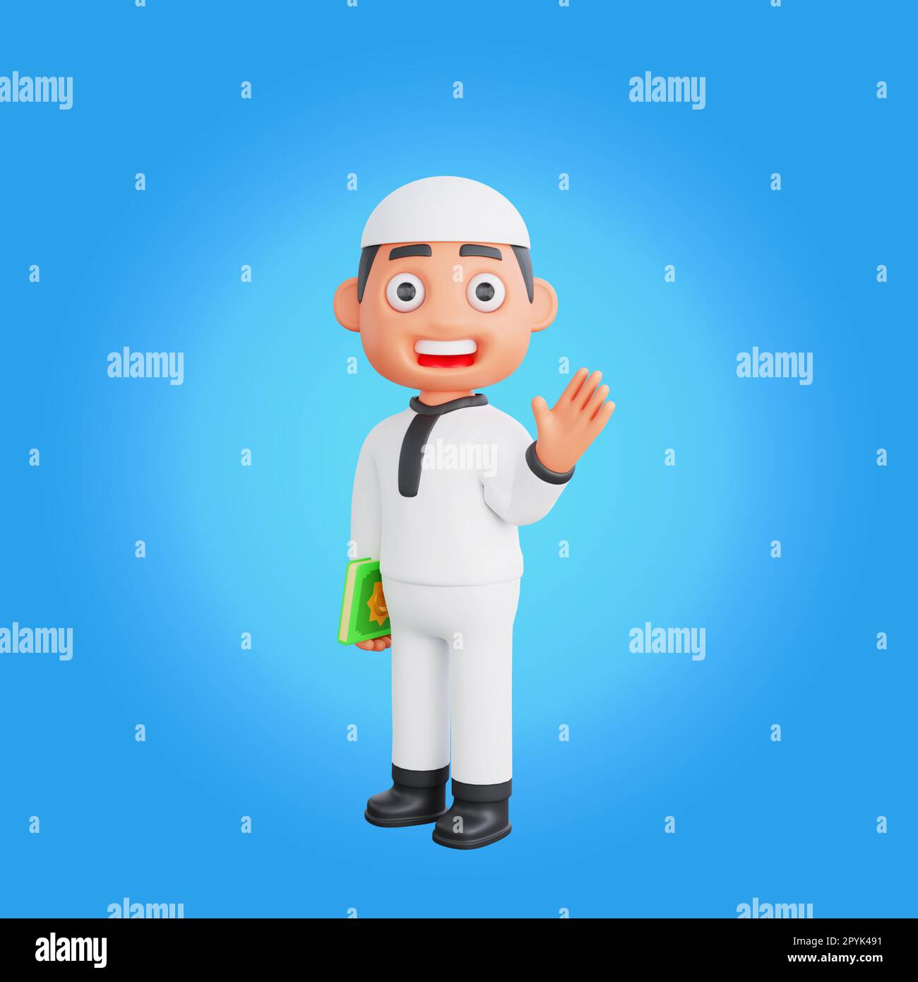 3D Rendering of a Muslim Character with the Greeting Gesture of Hello while Holding the Quran Stock Photo