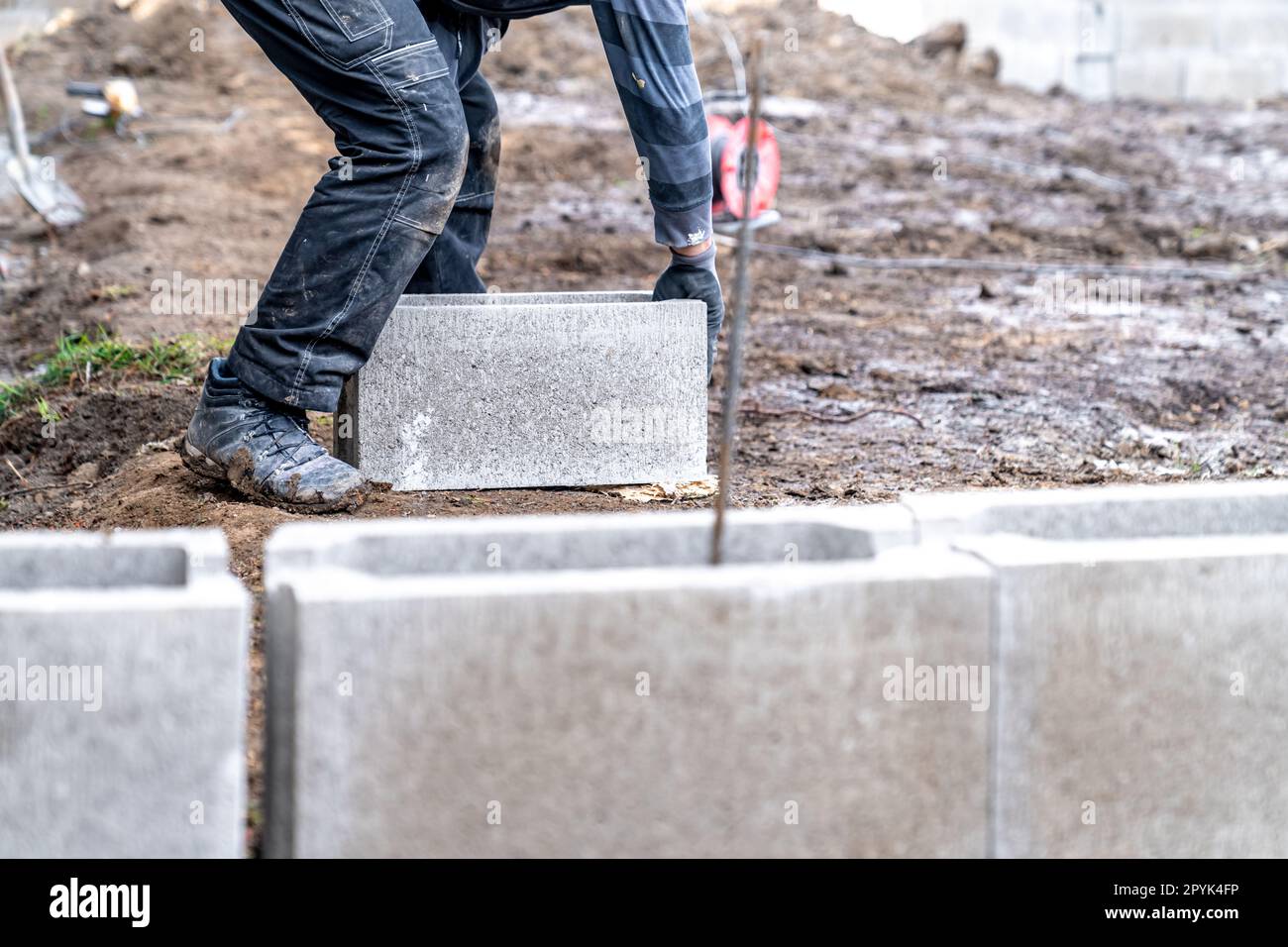 building the foundation of a house from a lost formwork Stock Photo