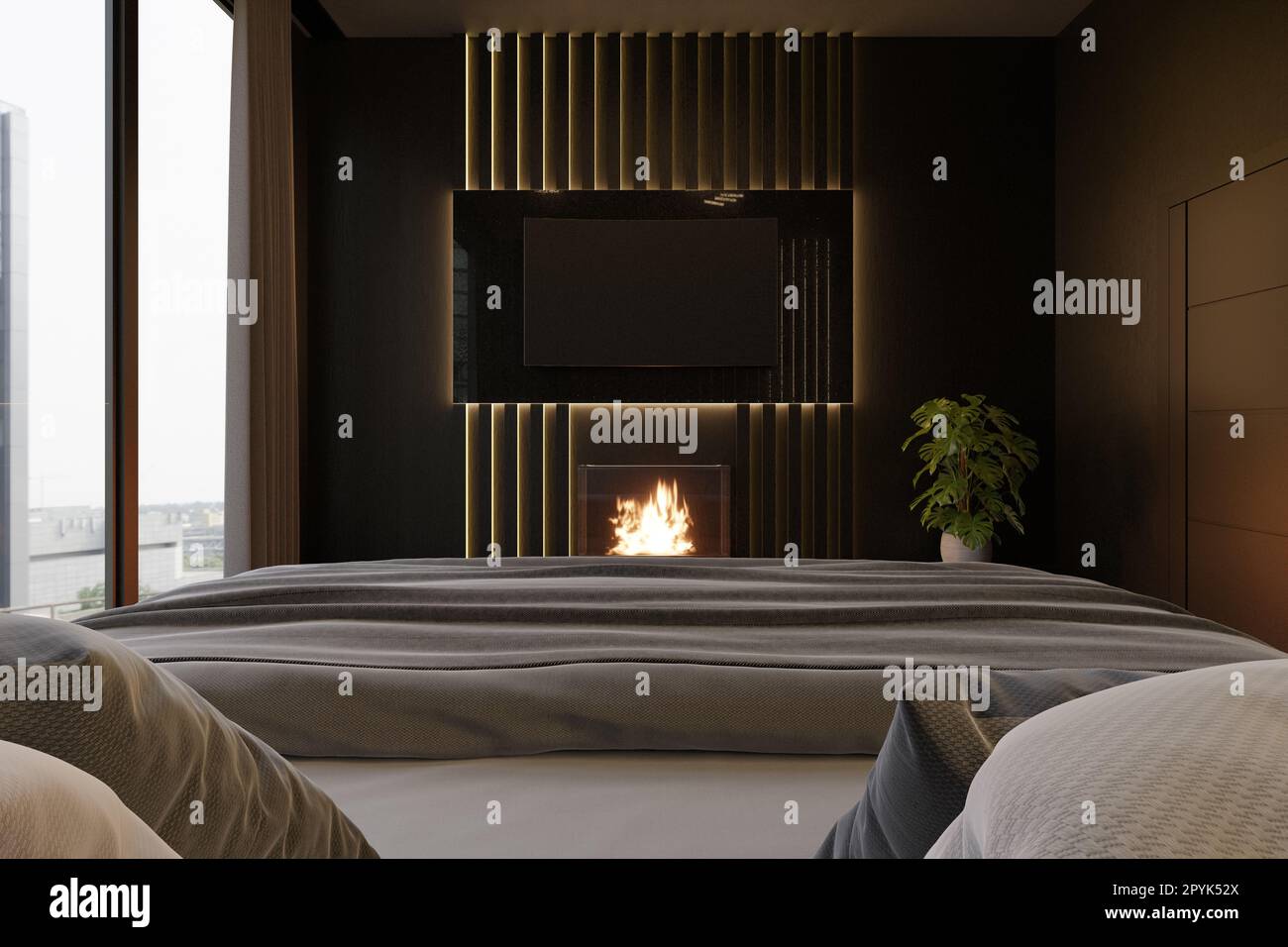 3D interior of dark bedroom, black walls, luxury room, apartment. hotel, idea for design, large bed and plants. burning fireplace fire, TV Stock Photo