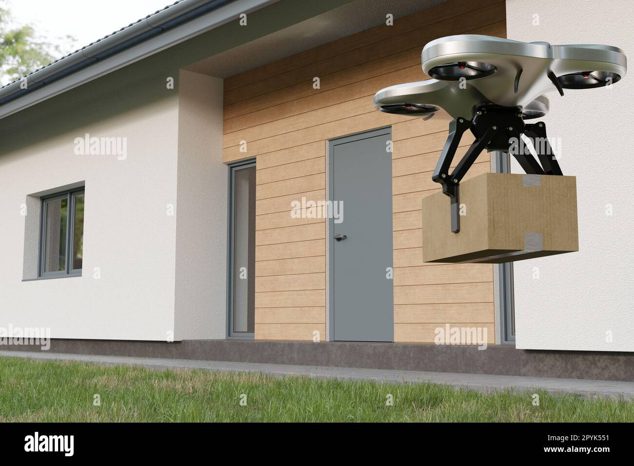 Drone delivery of food and goods to house, quadcopter flies with box, fast and Effective delivery, future technology. Stock Photo