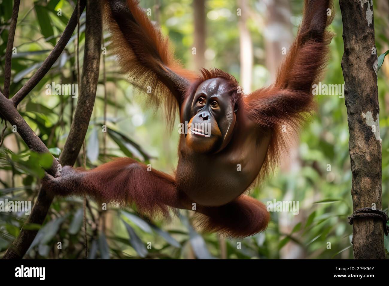 A curious and intelligent Orangutan swinging through the trees - This Orangutan is swinging through the trees, showing off its curious and intelligent Stock Photo