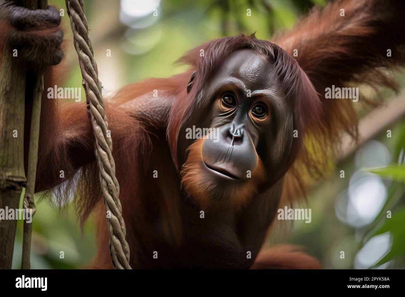 A curious and intelligent Orangutan swinging through the trees This