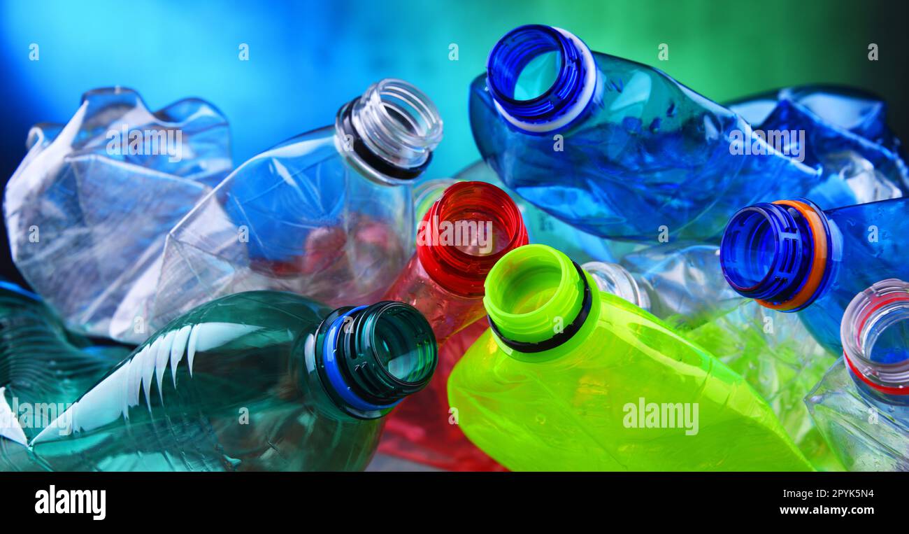 Empty colored carbonated drink bottles. Plastic waste Stock Photo