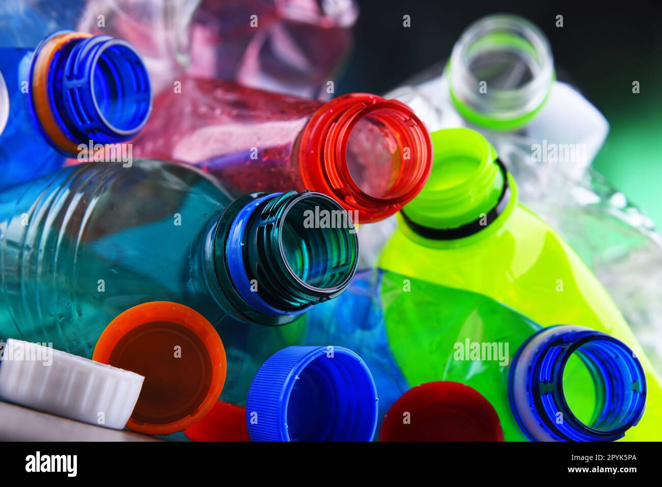 Empty colored carbonated drink bottles. Plastic waste Stock Photo