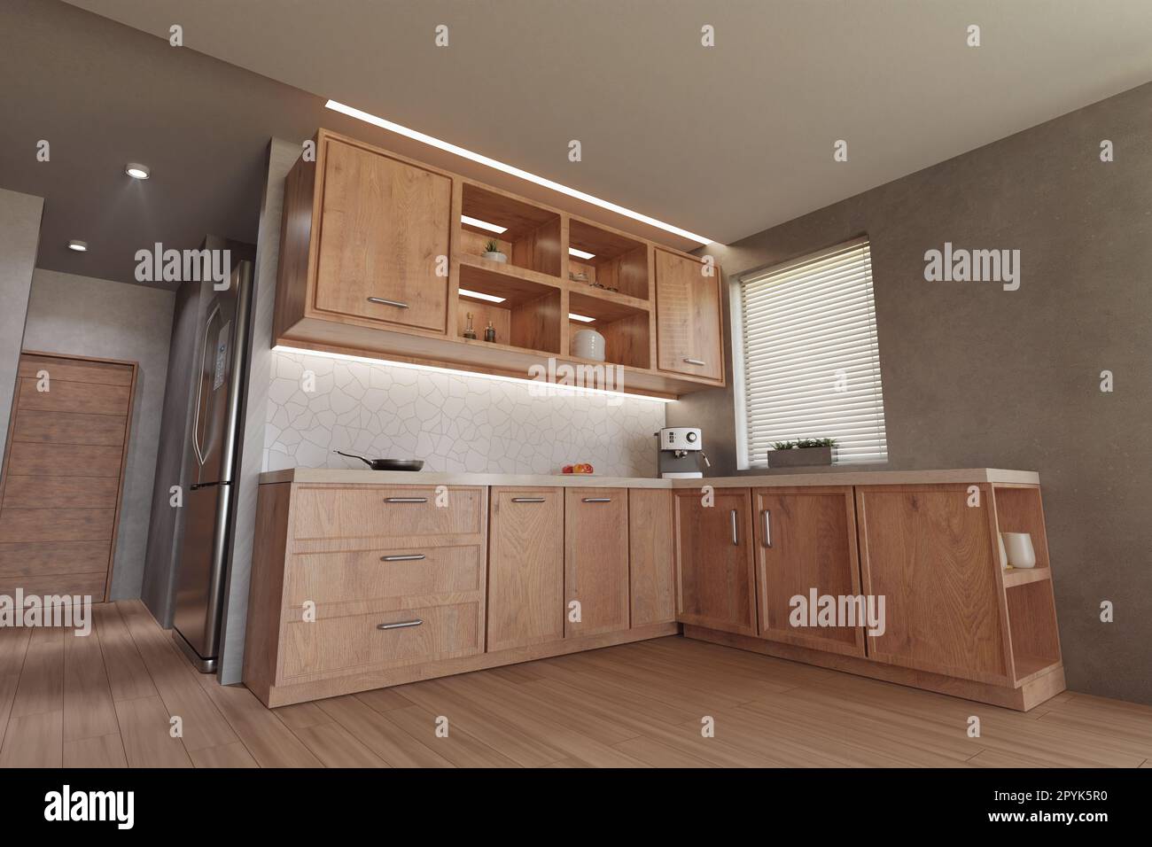 3D render interior kitchen, wooden cabinets, dining table, decorations and food. fisheye effect Stock Photo