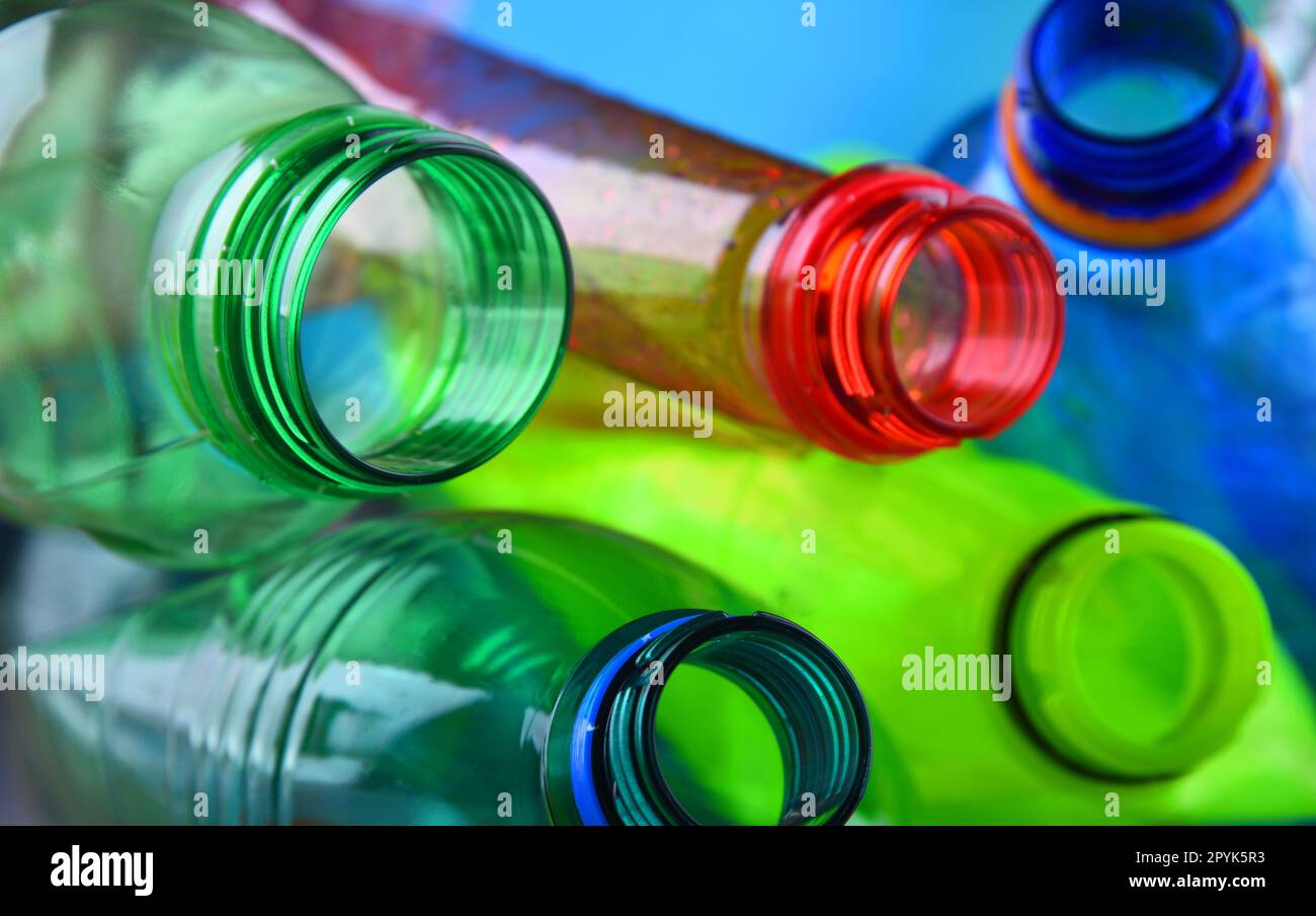 Empty colored carbonated drink bottles. Plastic waste Stock Photo
