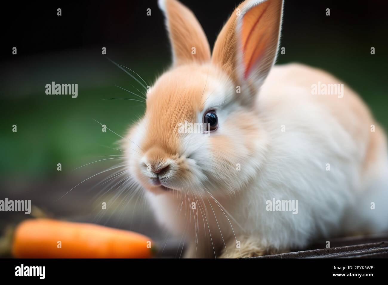 A cute and cuddly Dwarf rabbit nibbling on a carrot - This Dwarf rabbit is nibbling on a carrot, showing off its adorable and playful nature. Generati Stock Photo