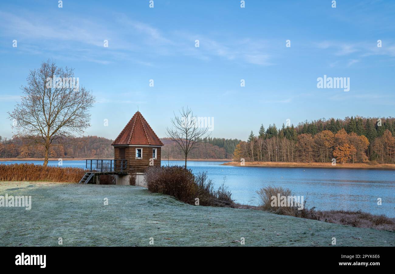 Panoramic image of Kerspe lake close to Marienheide during winter, Bergisches Land, Germany Stock Photo