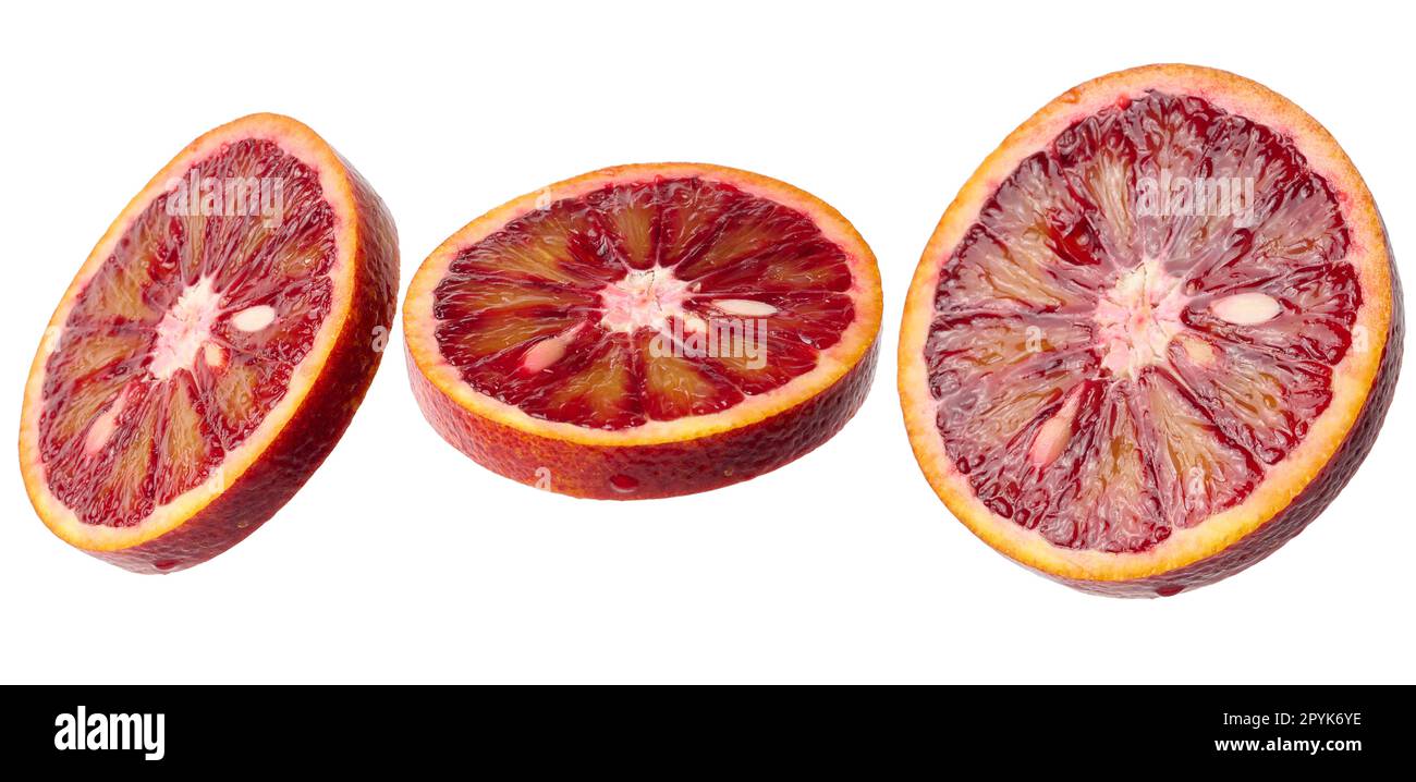 Juicy round piece of red orange on a white isolated background, top view Stock Photo