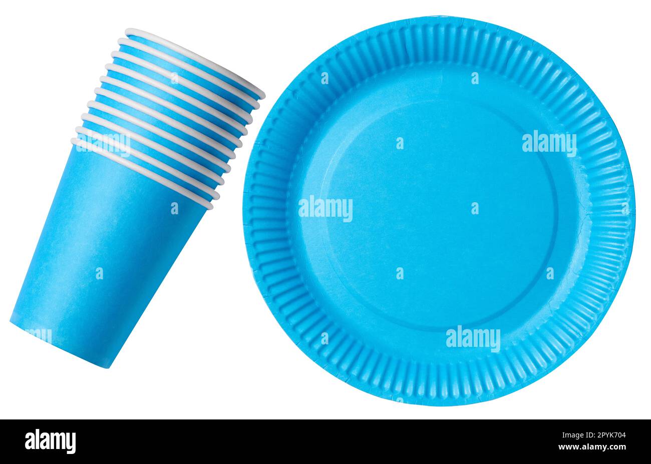Blue empty paper disposable plate and cups on white isolated background, top view Stock Photo