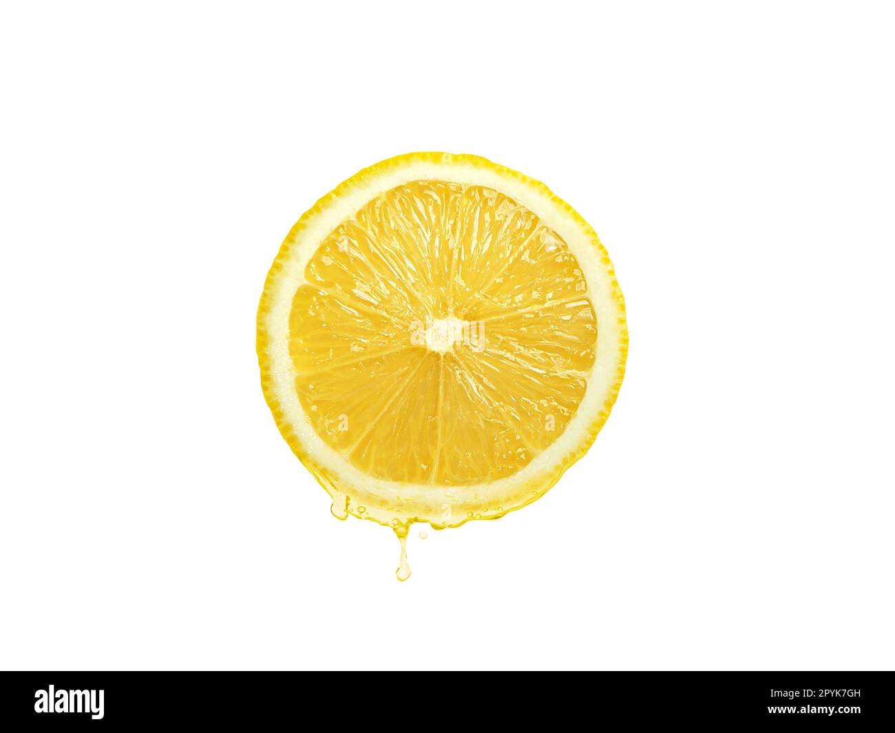 Fresh lemon juice dripping isolated on white background. Clipping path Stock Photo