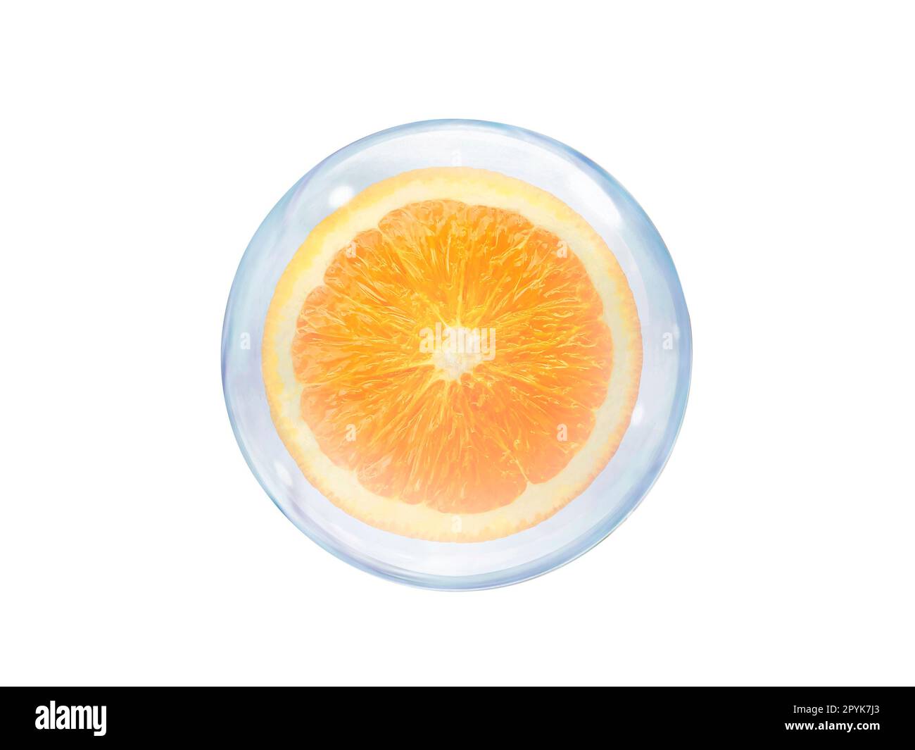 Fresh orange slice, in bubble isolated on white background Stock Photo