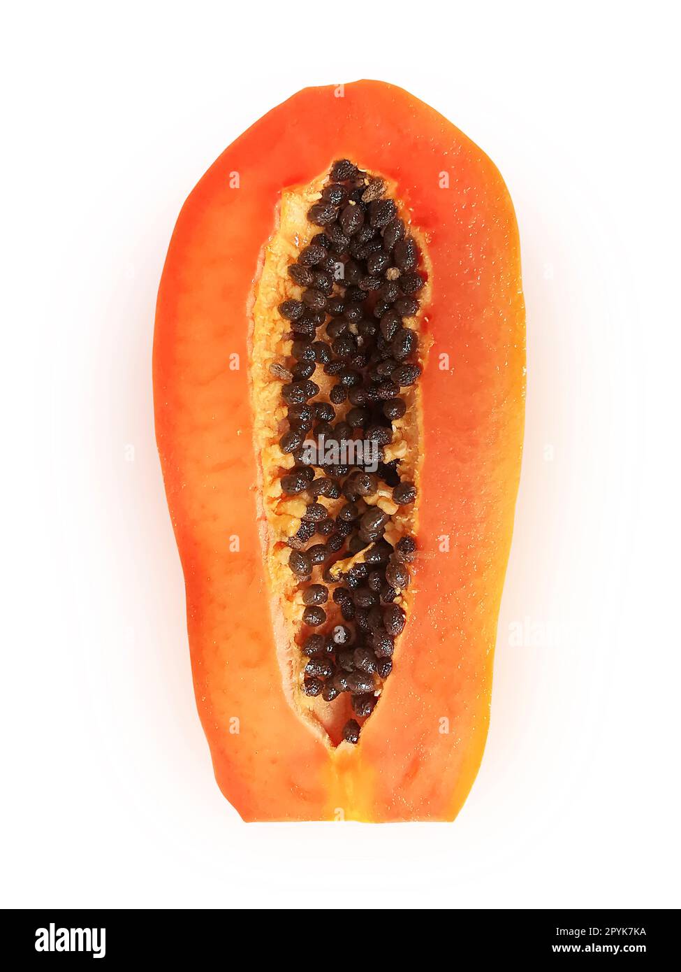 half of ripe papaya fruit with seeds isolated on white background Stock Photo