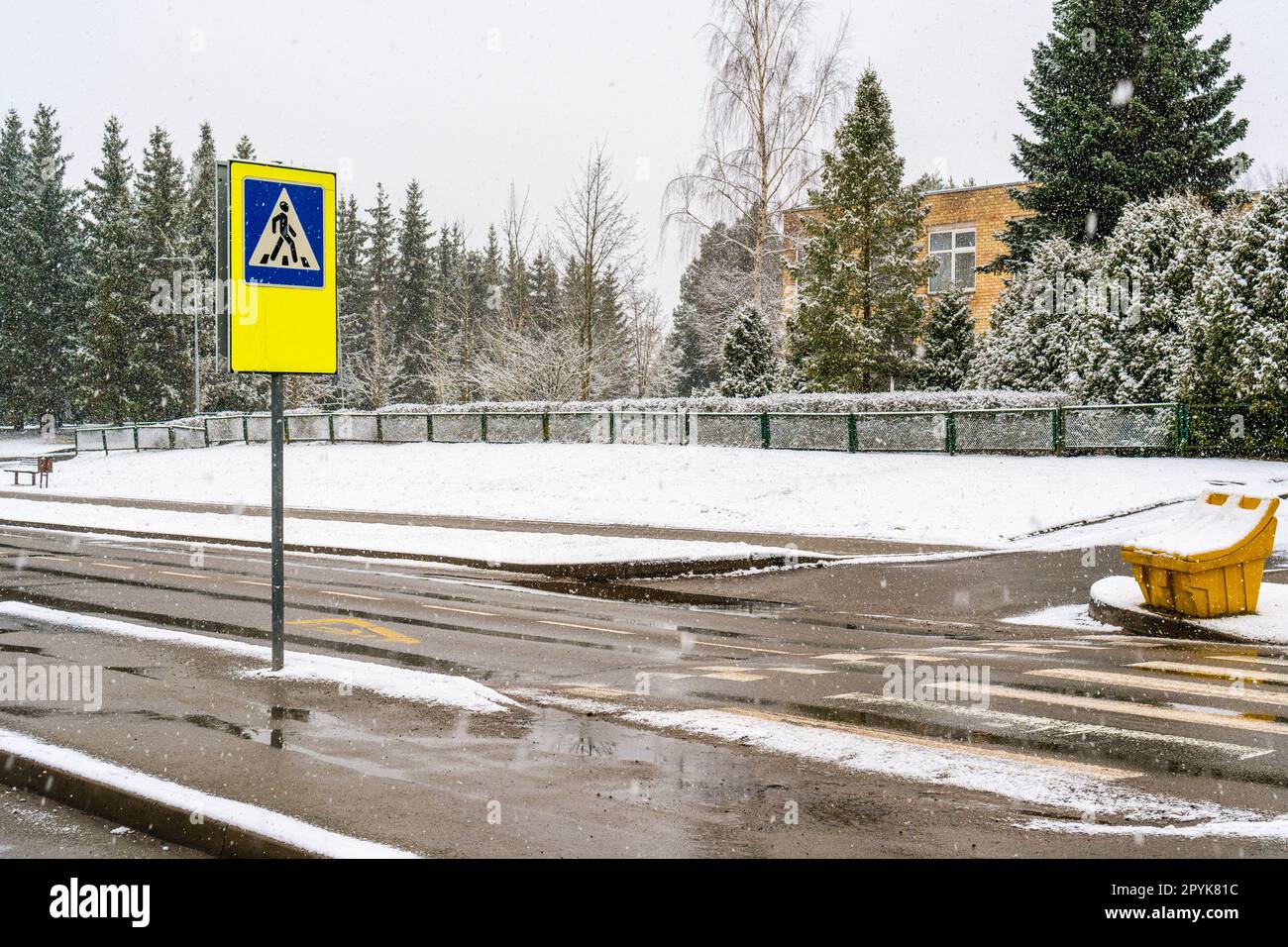 High visibility crosswalk road sign on the street Stock Photo Alamy