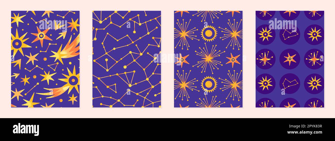 Set of vector illustrations of abstract celestial bodies. Patterns of constellations, stars, planets. Space universe. Esoteric cosmic designs for post Stock Photo