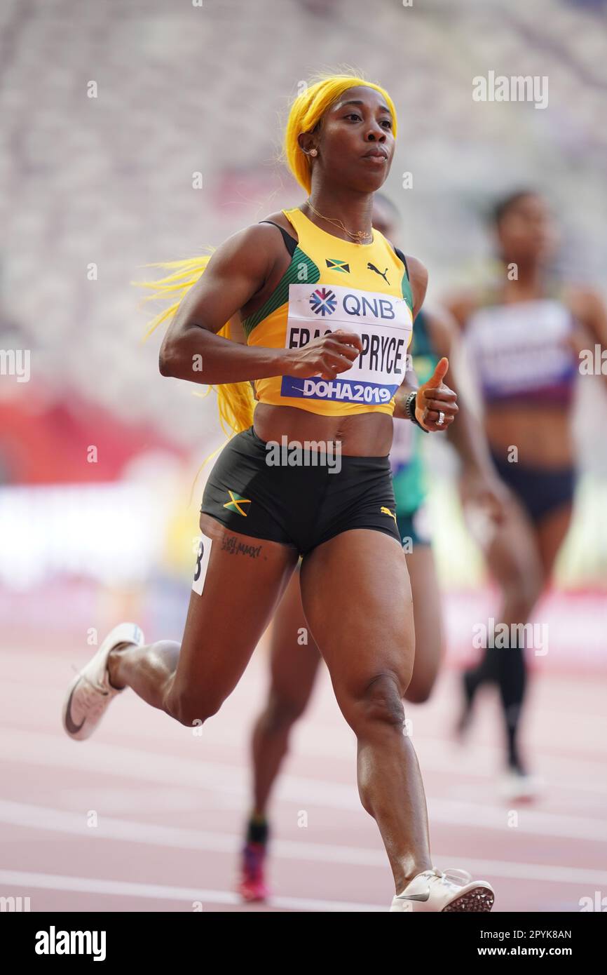 Shelly-Ann Fraser-Pryce running the 100m at the 2019 World Athletics ...