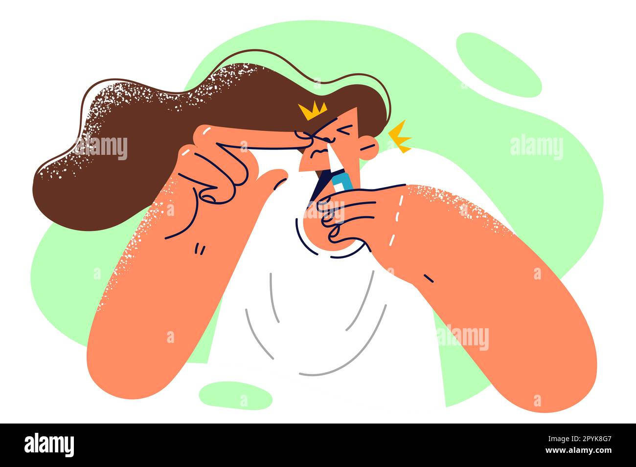 Woman is using runny nose spray during exacerbation of respiratory disease or attack of rhinitis caused by infection. Unhealthy girl with bottle of dr Stock Photo
