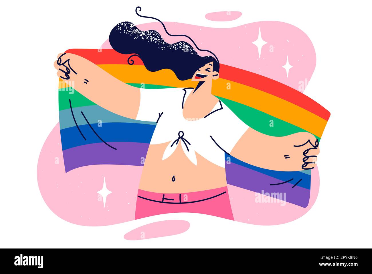 Lesbian woman stretches LGBT flag behind back to support pride community and speak out in support of tolerance. Girl promotes LGBT and LGBTQ defending Stock Photo