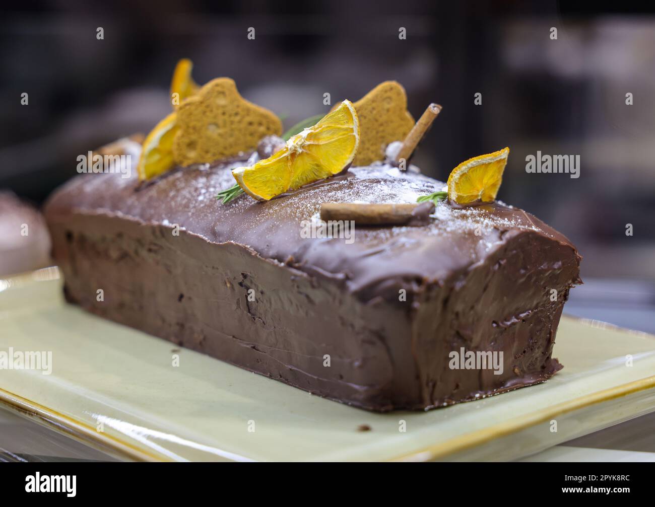 Chocolate cake decorated with dried fruit Stock Photo