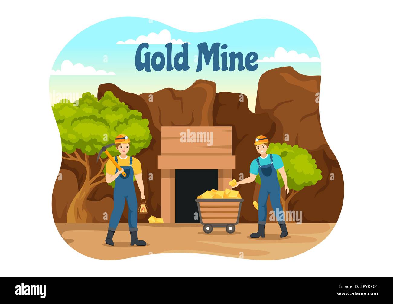 Gold Mine Illustration with Mining Industry Activity for Treasure, Pile