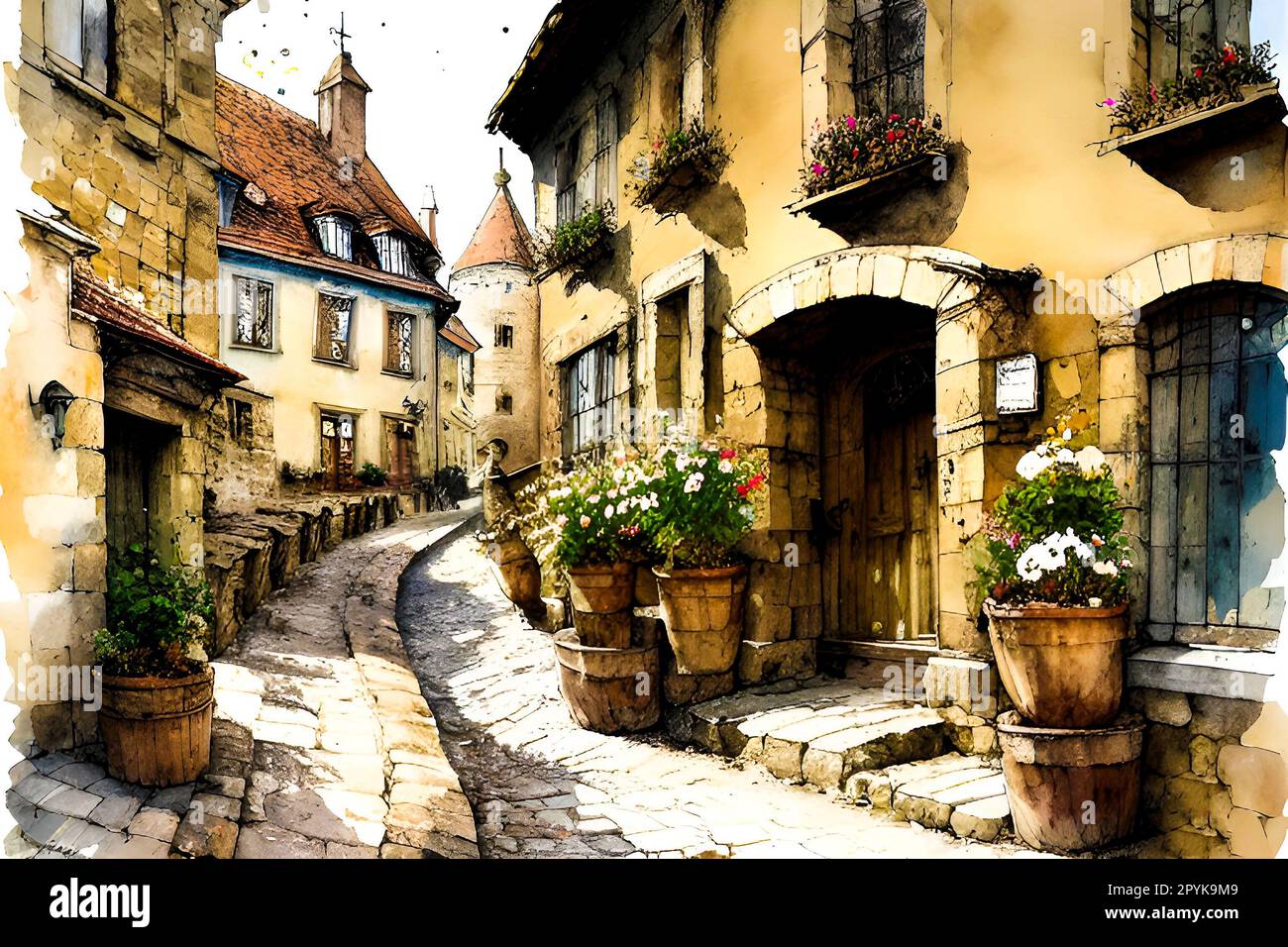 Old street with flowers in the old town of Tallinn, Estonia Stock Photo