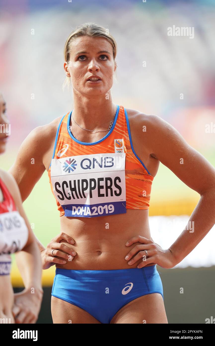 Dafne Schippers running the 100m at the 2019 World Athletics Championships in Doha Stock Photo