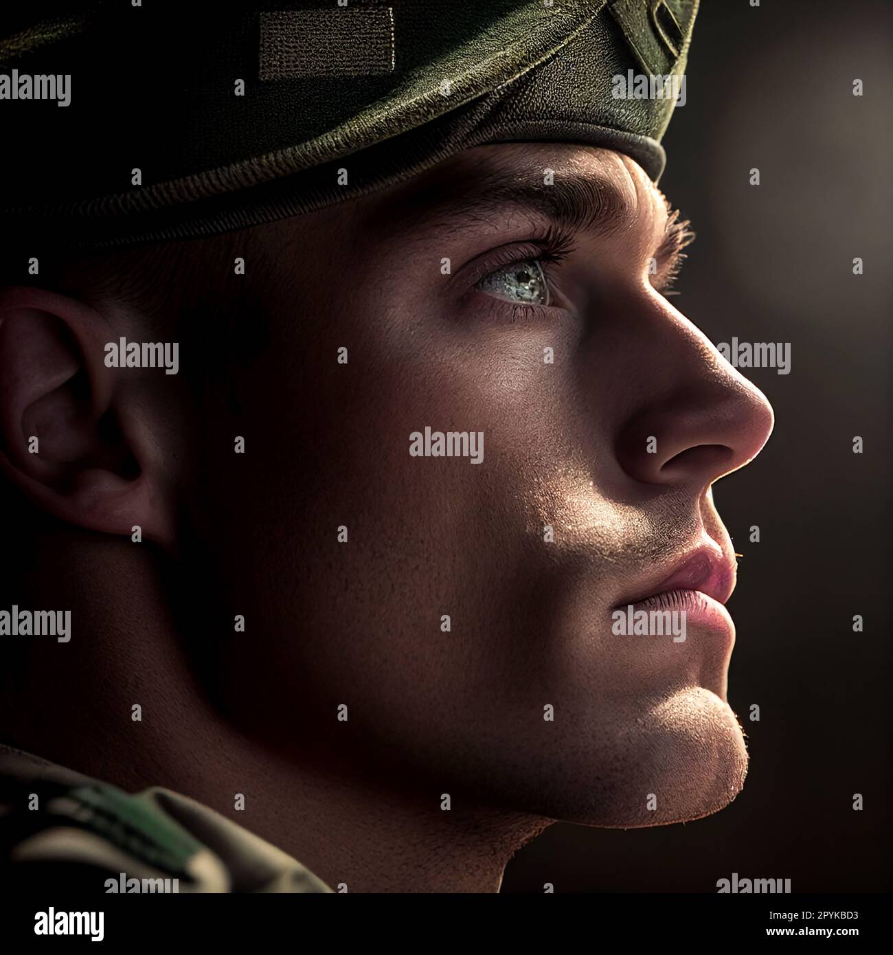 Soldier looking into light,Special forces United States in Camouflage Uniforms studio shot. Shemagh scarf, painted face. Black background, bottom light colorized toned contour shot Stock Photo