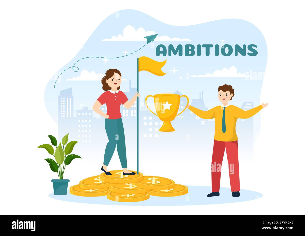 Ambition Illustration with Entrepreneur Climbing the Ladder to Success and Career Development in Flat Cartoon Business Plan Hand Drawing Template Stock Photo