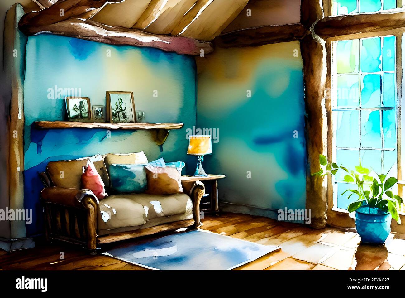 Interior of a small wooden house with a blue sofa and a coffee table Stock Photo