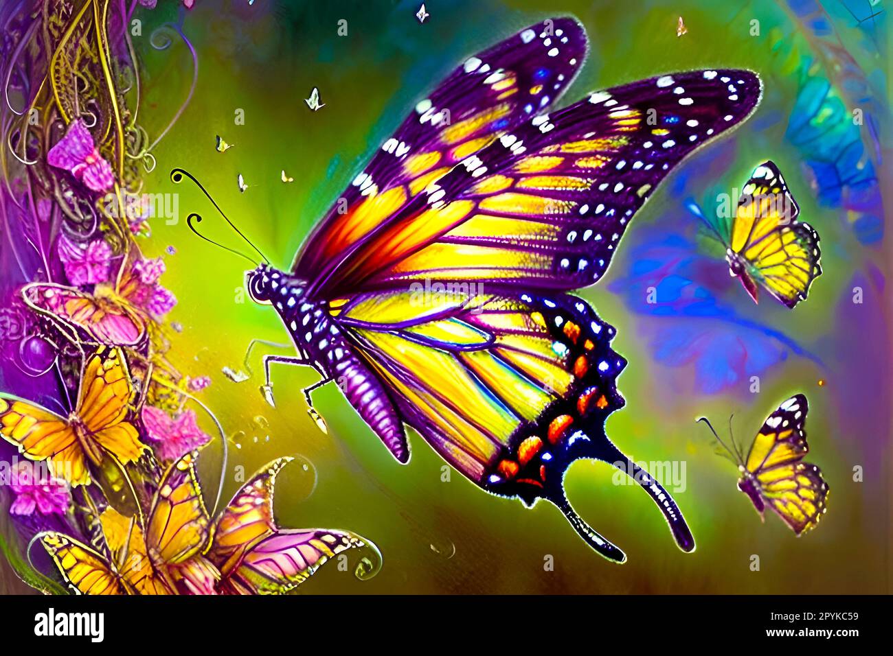https://c8.alamy.com/comp/2PYKC59/butterfly-and-butterfly-wings-on-colorful-background-digital-painting-2PYKC59.jpg