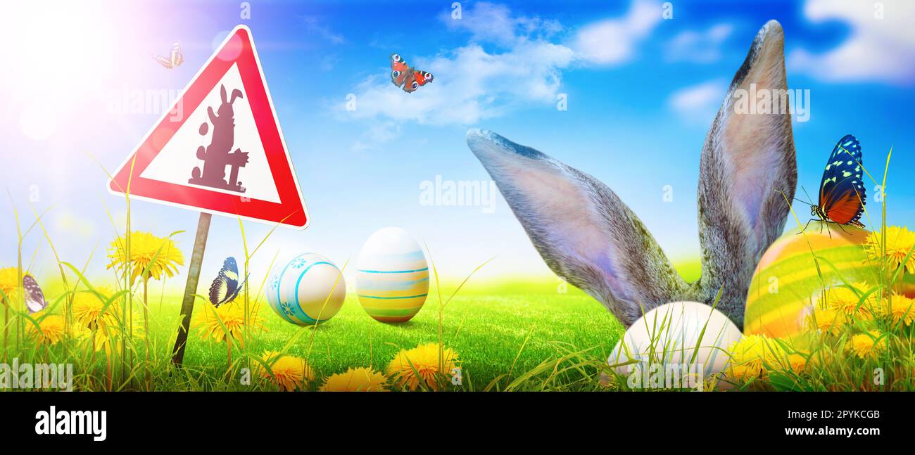 Easter composition with rabbit. Festive decoration. Happy Easter. Stock Photo
