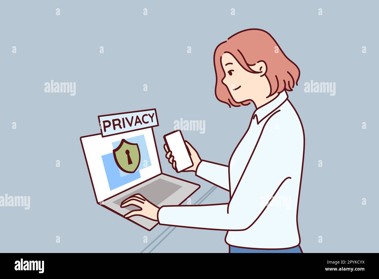 Businesswoman takes care of cyber security standing next to laptop with privacy inscription symbolizing data protection. Girl system administrator use Stock Photo