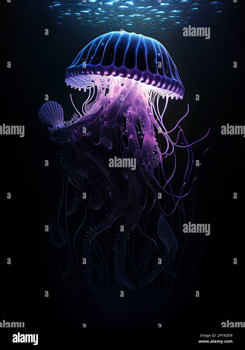 Purple and blue Jellyfish dansing in the dark blue ocean under water,potrait jellyfish under water in the sea beautiful wildlife illustration Stock Photo